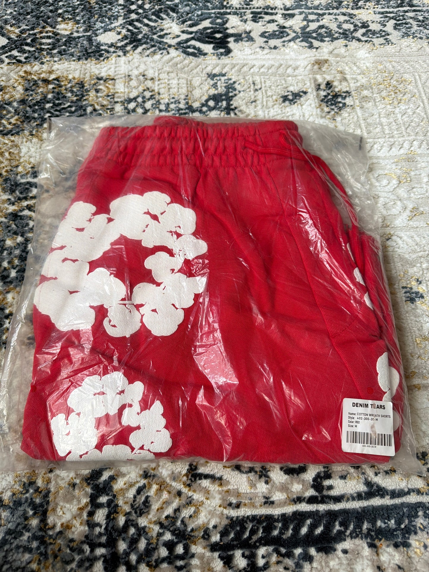Red denim shorts